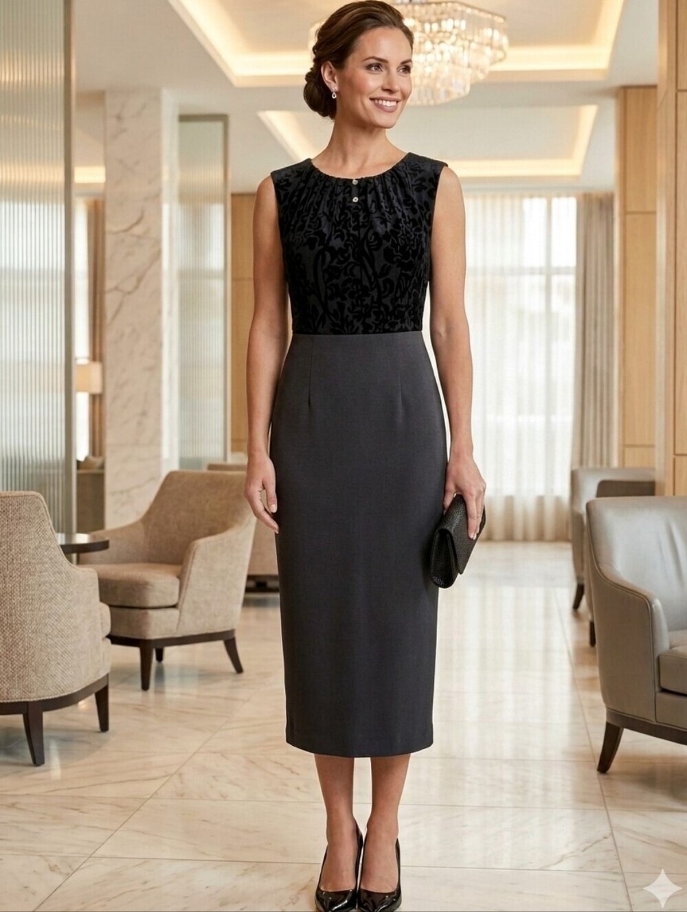 NWT JESSICA Midi Little Black Dress, Flocked Boddess and Jewel Buttons, Size 6